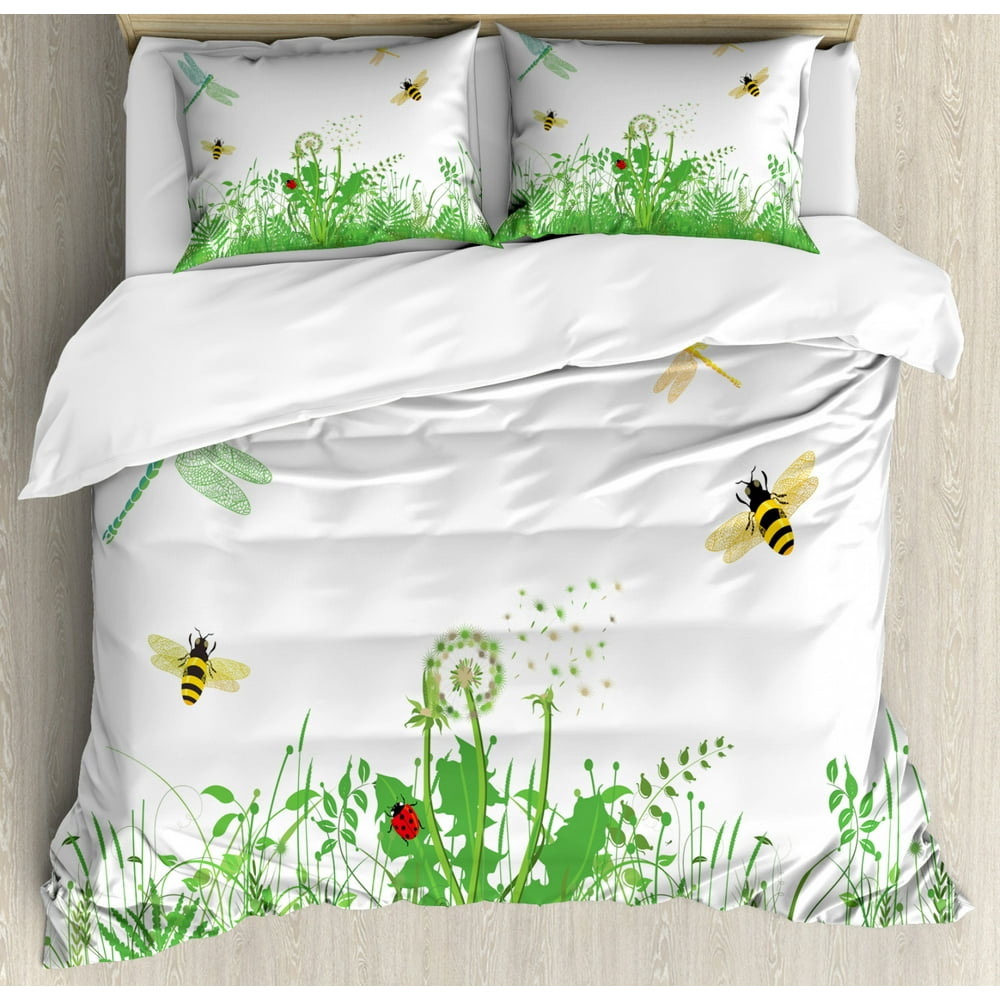 Spring Duvet Cover Set Queen Size, Flourishing Dandelion Pattern with
