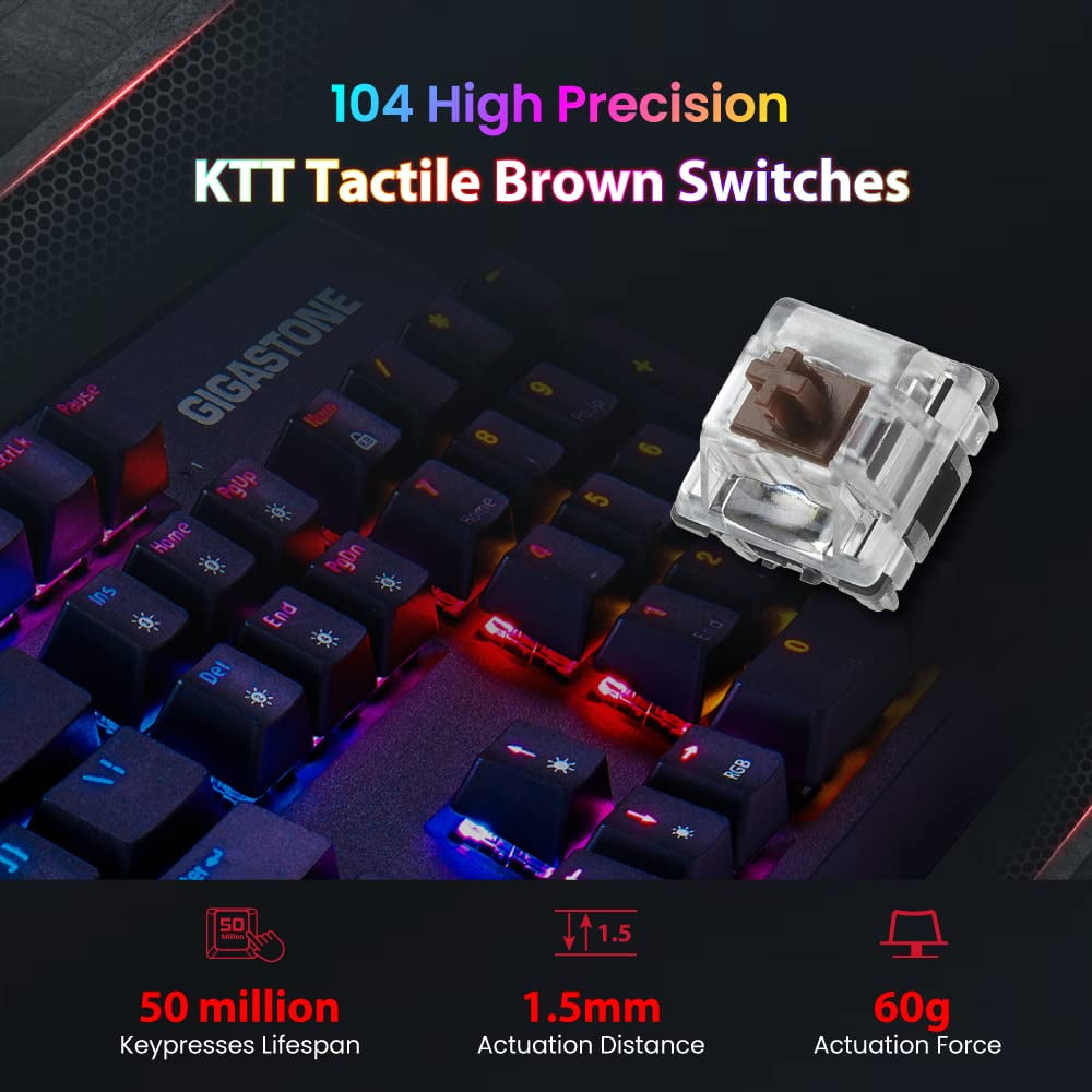 Gigastone GK-12 Mechanical Keyboard, Tactile Brown Switch, RGB LED Rainbow Backlit Gaming Keyboard, Precise Tactile Feedback, Full Anti-Ghosting, Full Size 104 Keys, Black