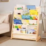 Miumaeov 6 Tiers Kids Book Rack Storage Bookshelf, 29.5x11.8x31.1inch Wooden Bookcase Children Book&Magazine Shelf Rack Organizer with 6 Canvas Shelves for Playroom and Children’s Room