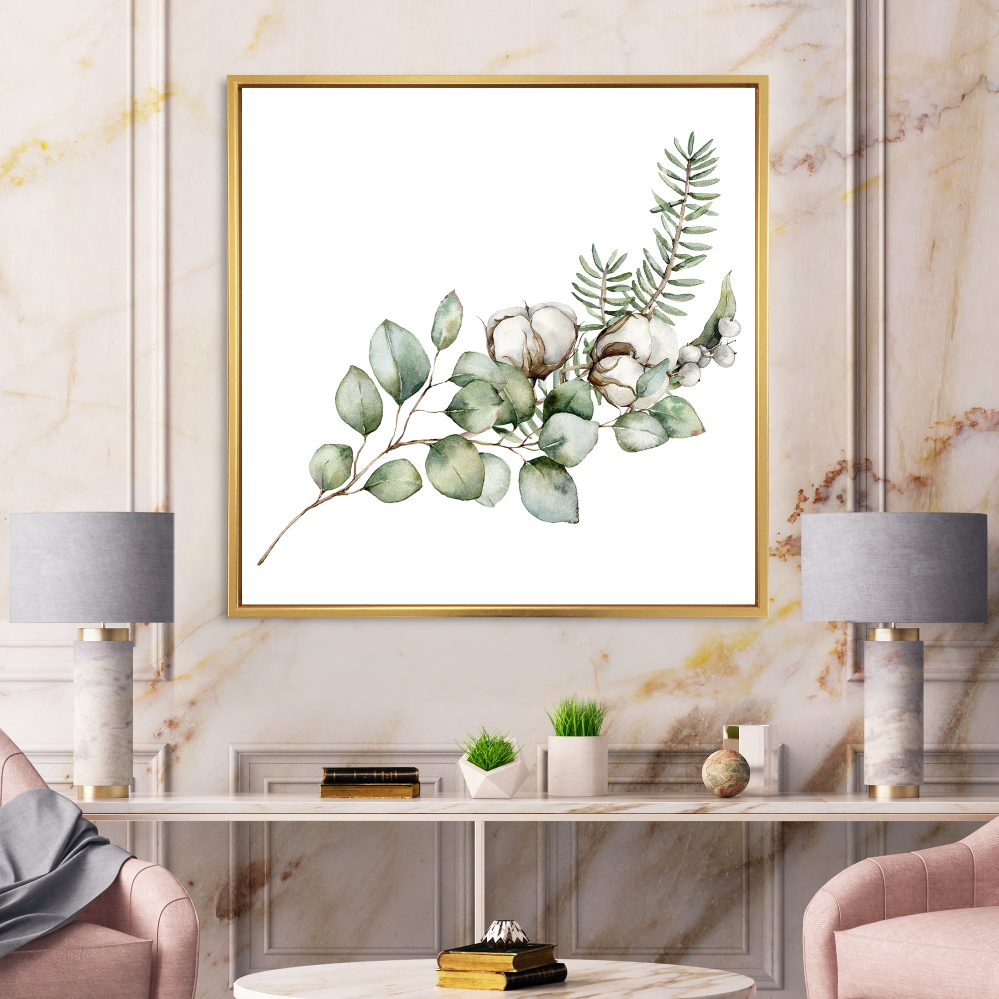 Eucalyptus Branches With Christmas Bouquet 16 in x 16 in Framed Painting Canvas Art Print, by Designart