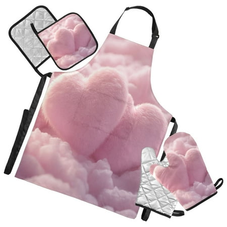

5-Piece Kitchen Apron Set with Heat-Resistant Gloves & Insulation Mats for Cooking Baking BBQ Fluffy Pink Heart-shaped