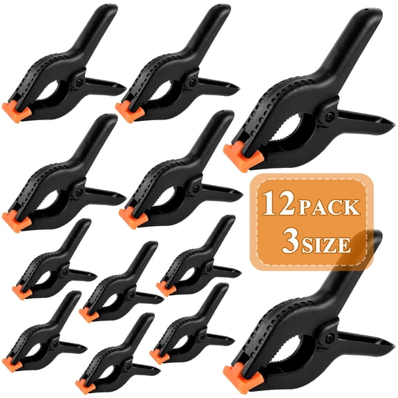 Yalumo 12 Pack Spring Clamps, 3.5/4.5/6 Inch Heavy Duty Clips for Crafts, 3-Size Plastic Clamps for Woodworking, Backdrop Stand, Photography Studios, Balloon Arch, Black