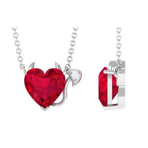Created Ruby & Diamond Devil Heart Pendant Necklace 925 Sterling Silver