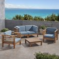 thumbnail image 2 of GDF Studio Cascada Outdoor Acacia Wood 4 Seater Chat Set with Cushions, Teak and Blue, 2 of 12