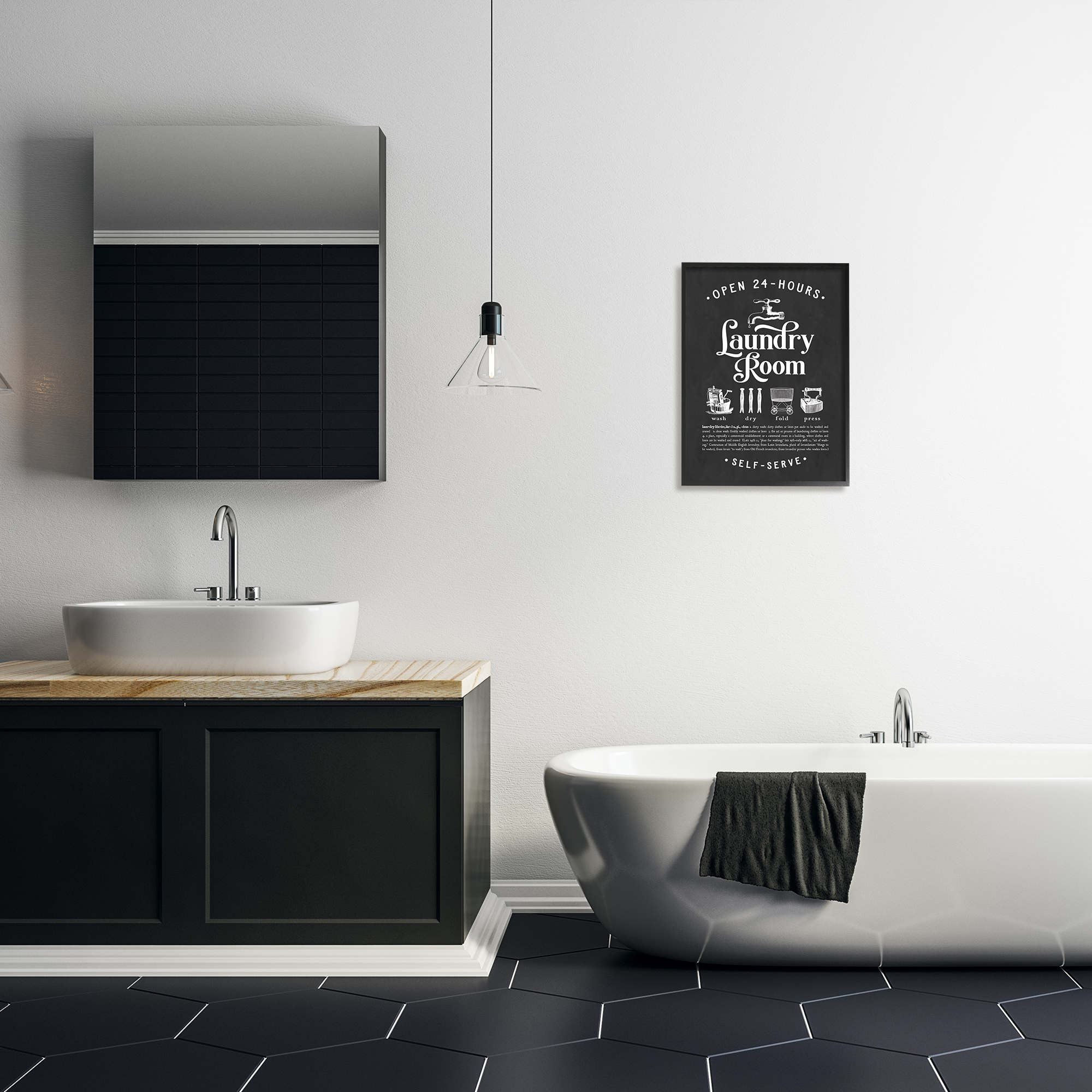 Stupell Industries 24 Hour Laundry Sign Vintage Icon Illustrations Black White Country Painting Black Framed Art Print Wall Art, 16 x 20, Design by Lettered and Lined