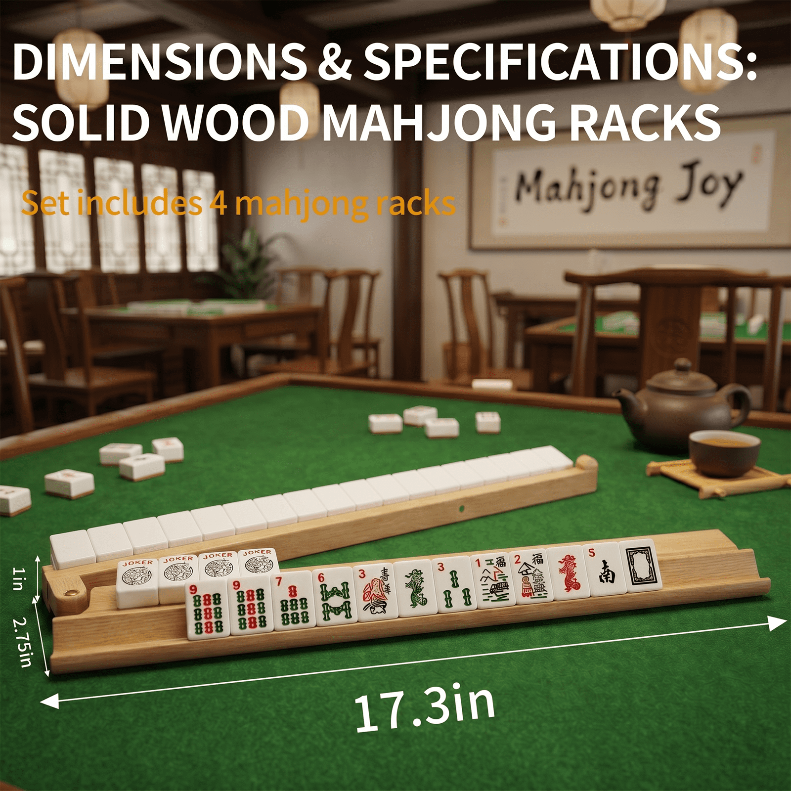 Grhonior Wooden Mahjong Racks with Pushers, Premium for American Mah Jongg/Dominoes, Set of 4, 17.5 Inches