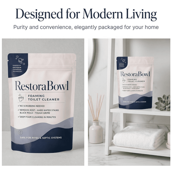 Restorabowl Toilet Bowl Cleaner Foaming Powder, Foaming Toilet Cleaner, Hard Water Ring Rust & Limescale Remover, Easy Pour and Flush Toilet Cleaner Foam, Under Rim Buildup Care