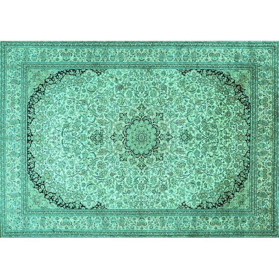 Ahgly Company Machine Washable Indoor Rectangle Medallion Turquoise Blue Traditional Area Rugs, 7' x 10'