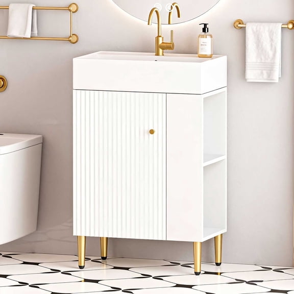 21.6" Bathroom Vanity with Ceramic Sink, Freestanding Bath Room Vanity with Open-Shelving Natural Wood Vanities Cabinet Soft Closing Door Left Storage for Small Bathroom White