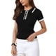 thumbnail image 4 of Top de trabajo casual para mujer, polo de manga corta, cuello en V, tejido acanalado, suéter negro M, 4 of 6