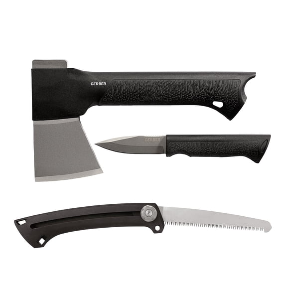Gerber Gear 3-in-1 Axe, Knife, and Saw Combo Set - Gator Grip Handle Texture for Comfort