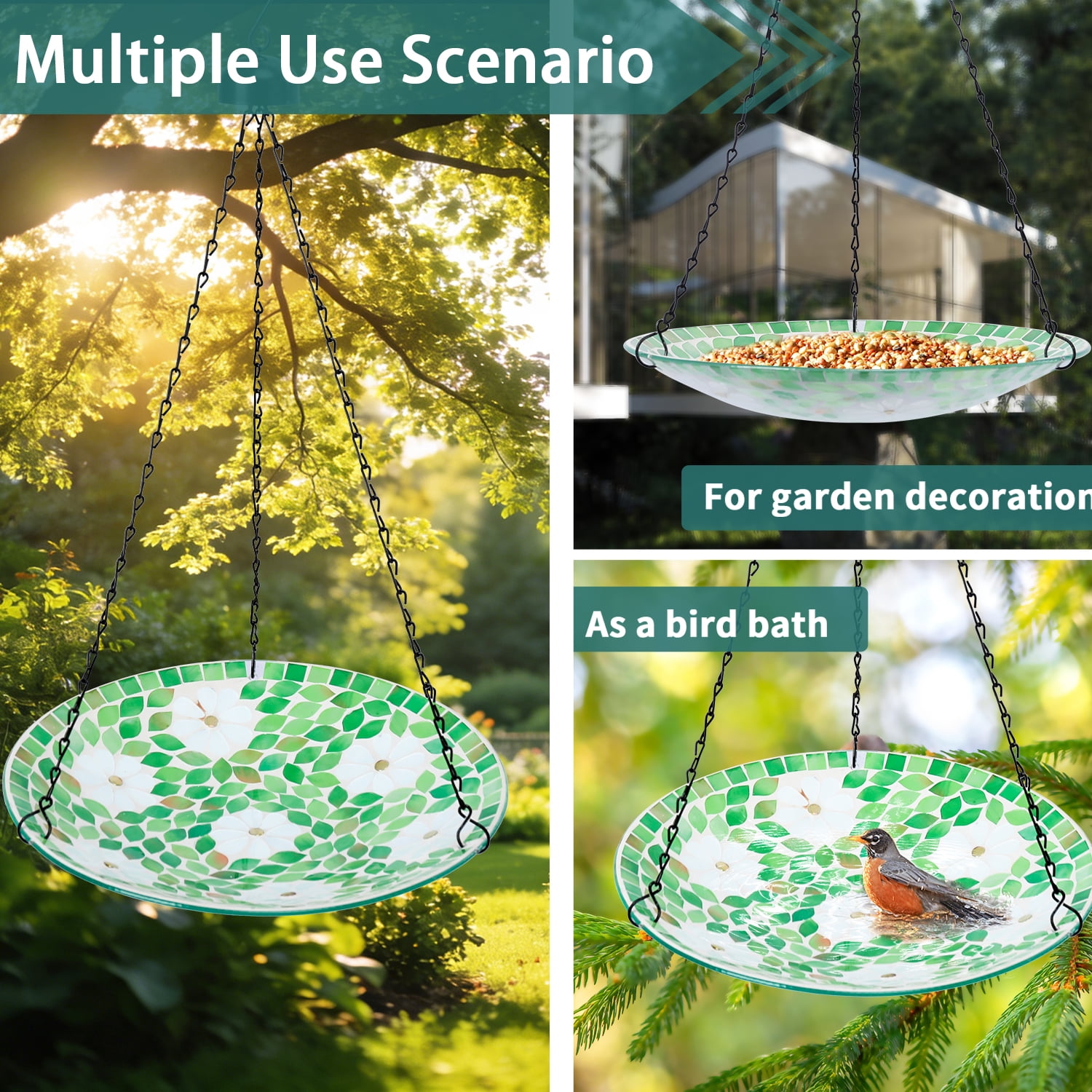 Hanging Bird Bath, Glass Mosaic Bird Baths for Outdoors Birdfeeder with 21 inch Rust-Proof Chain for Garden Yard Decor