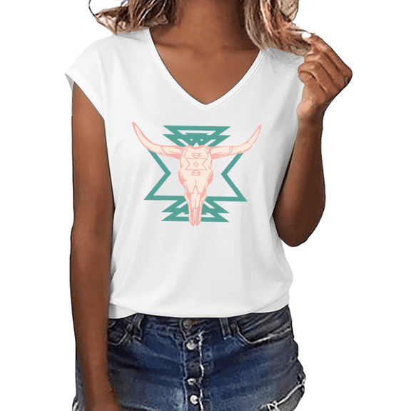 UNISHE Women's Western Bull Skull with Aztec Geometric Pattern Graphic V-Neck Short Sleeve T-Shirt Casual Tee