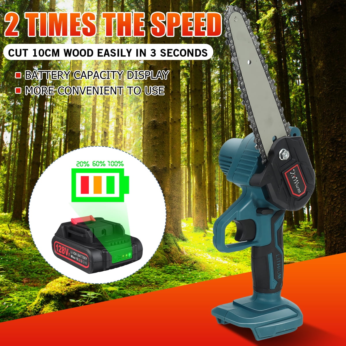 Mini Electric Cordless Chainsaw with 1/2Pcs Battery, 6 Inch 128V