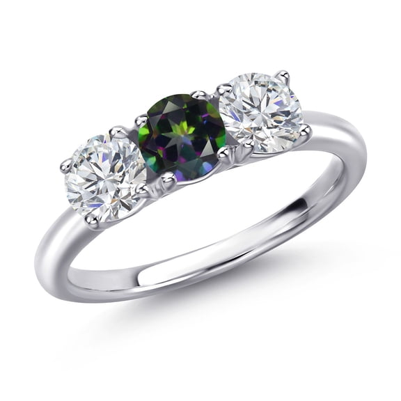 Gem Stone King 925 Sterling Silver Green Mystic Topaz and Lab Grown Diamond Engagement Ring for Women | 1.55 Cttw | Round 5MM | Gemstone November Birthstone | Size 5