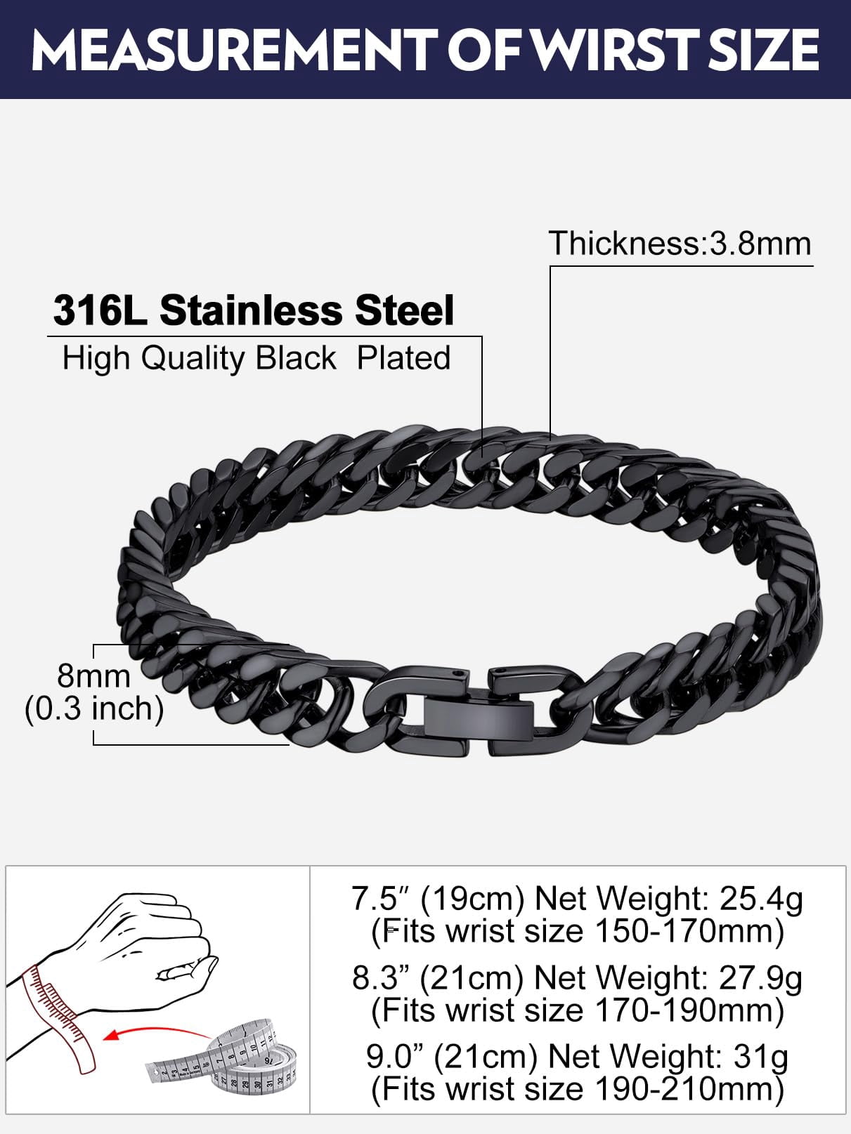 Bandmax 8MM Men's Black Cuban Chain Bracelets Stainless Steel Miami Curb Link Hand Chain Wristlet Birthday Valentines Father Day Gift for Dad Son Husband Grandpa