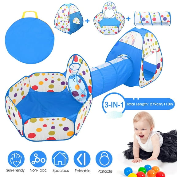 Moclever 3 in 1 Child Crawl Tunnel Tent Foldable Children Ball Pit Set Pop-up Polyester Kids Tent w/Storage Bag for Indoor Outdoor Travel Use, Blue