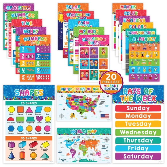 20 pósteres educativos preescolares decorably, 28 x 43 cm, mate