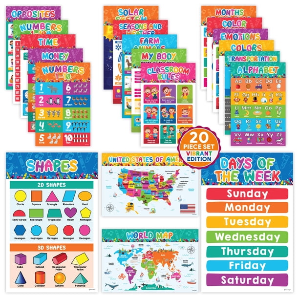 20 pósteres educativos preescolares decorably, 28 x 43 cm, mate