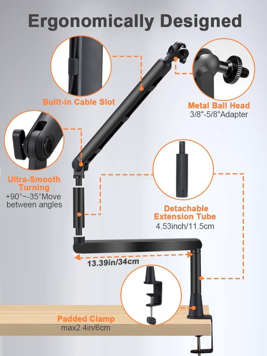 Low  Mic Arm Stand Adjustable Desk Clamp with 360 Swivel Detachable Rise Column Built-In  Management for Podcasting Streaming