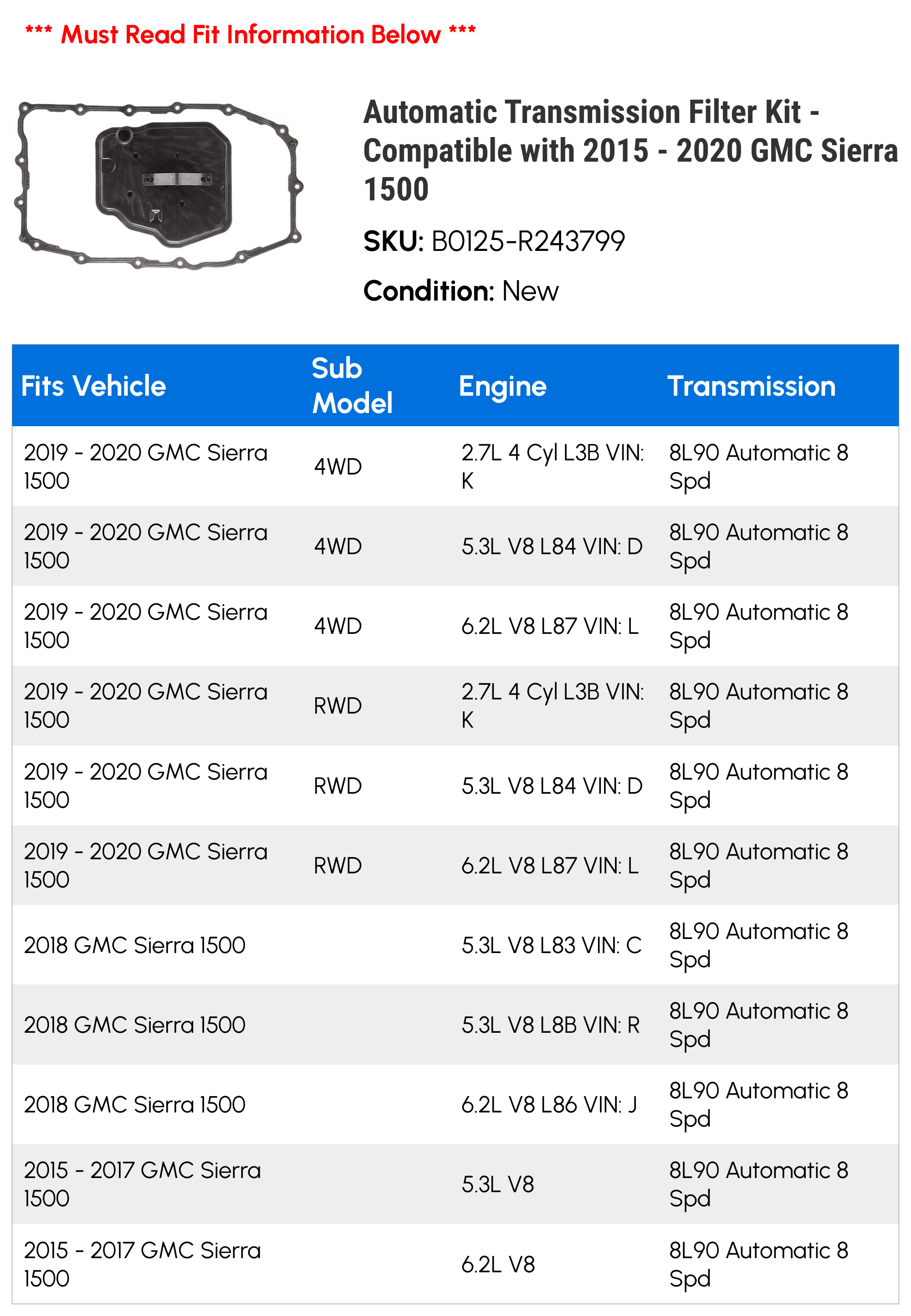 Automatic Transmission Filter Kit - Compatible with 2015 - 2020 GMC Sierra 1500 2016 2017 2018 2019