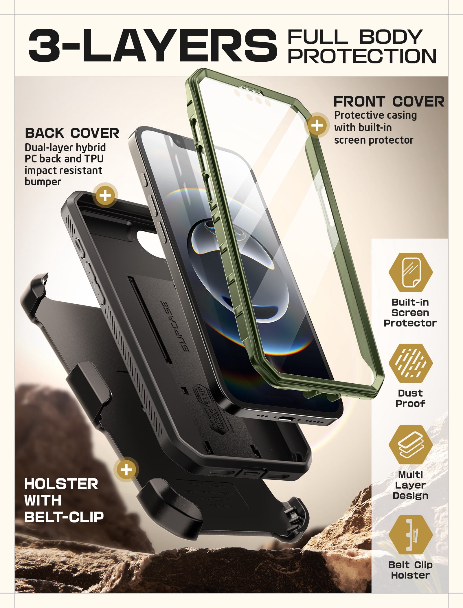 SUPCASE for iPhone 16e Case with Screen Protector (Unicorn Beetle Pro), [Built-in Stand & Belt-Clip] [Military-Grade Protection] Full Body Phone Case for iPhone 16e 6.1'' 2025, Guldan