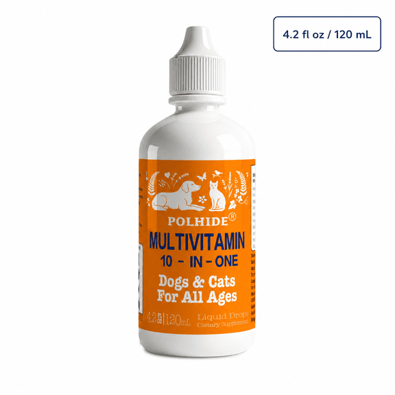 POLHIDE Multivitamin 10-in-One Dog and Cat Liquid Supplement, Vitamin C, D3, B Vitamins, Glucosamine, Cranberry & MSM, 4.2 fl oz / 120 mL