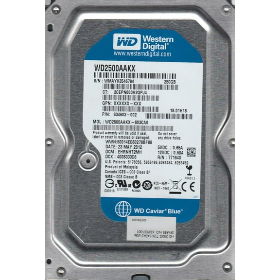 WD2500AAKX-603CA0, DCM EHRNHT2MH, Western Digital 250GB SATA 3.5 Hard Drive