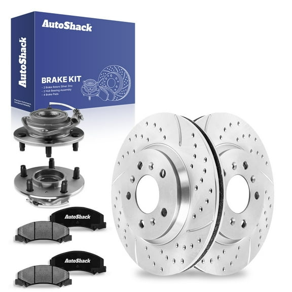 AutoShack Front Drilled & Slotted Brake Rotors Ceramic Brake Pads Wheel Bearing Hub Assembly | Replacement for 2006-2013 Chevrolet Impala | Silver Zinc Coated | 8-PC Brake Kit | SilverShield Pro