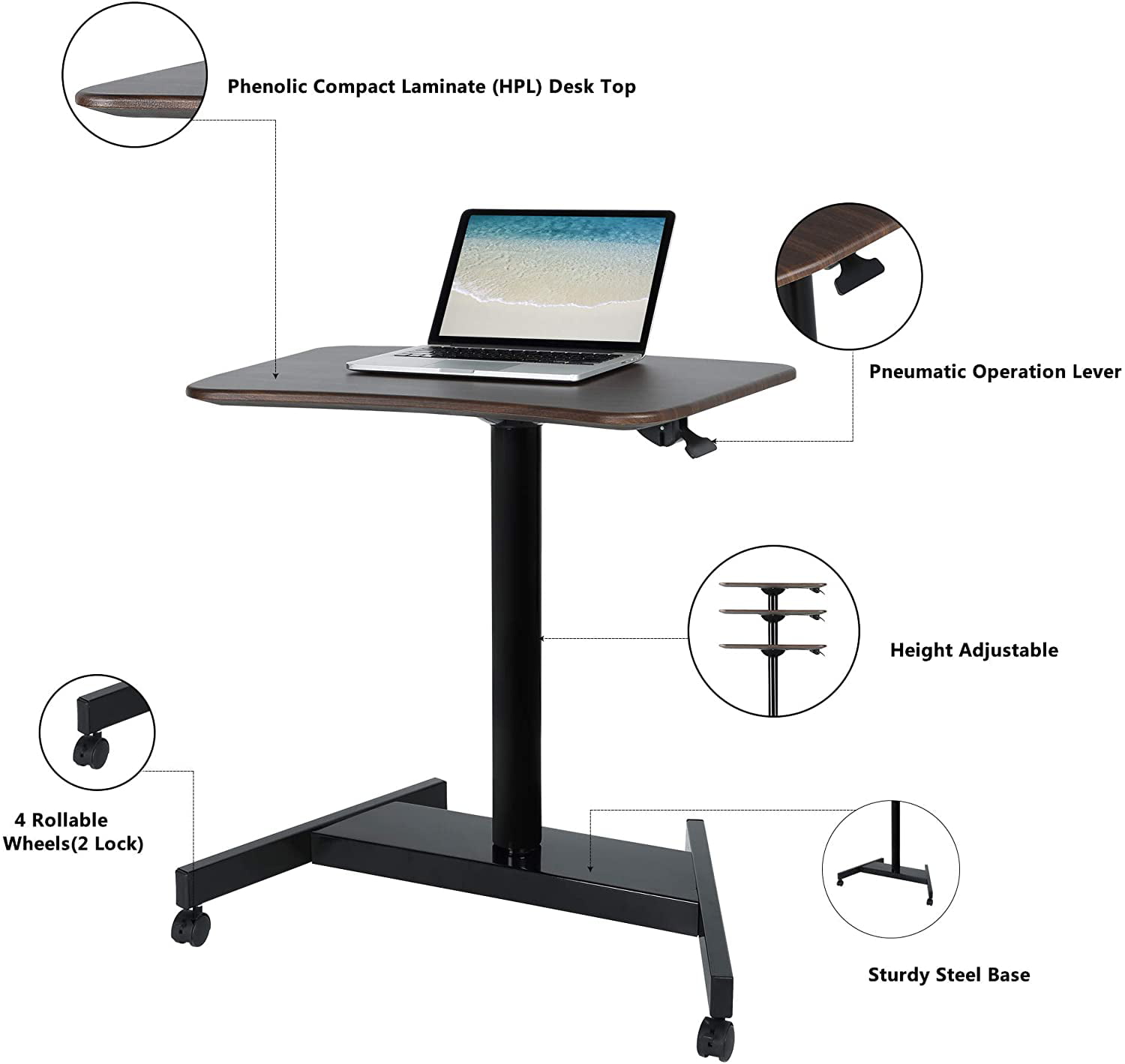 Pneumatic Adjustable Height Laptop Desk Sit and Stand Mobile Ergonomic Design 