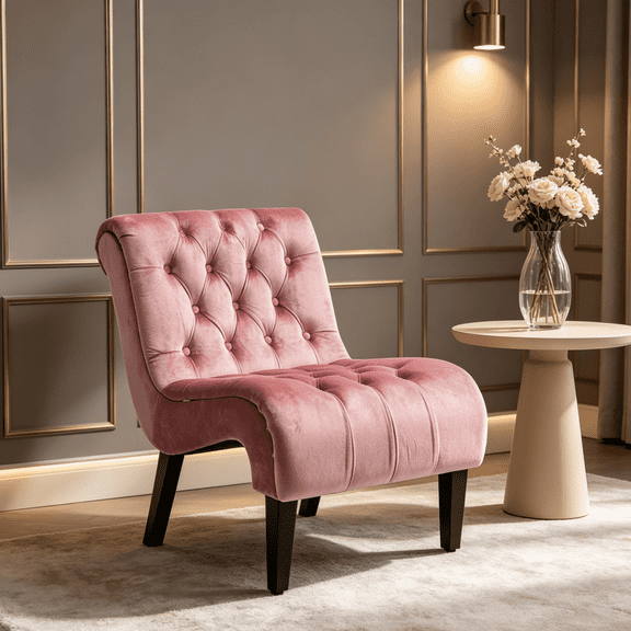 Velvet Armless Accent Chair, Modern Leisure Chair with Button Tufted Seat & Solid Wood Legs, Comfy Upholstered Chair for Living Room Bedroom Office Pink