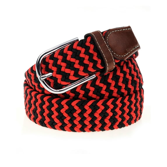 NYFASHION101 Rounded Metal Buckle Brown Inlay Elastic Braided Woven Stretch Belt, Red/Black - XL