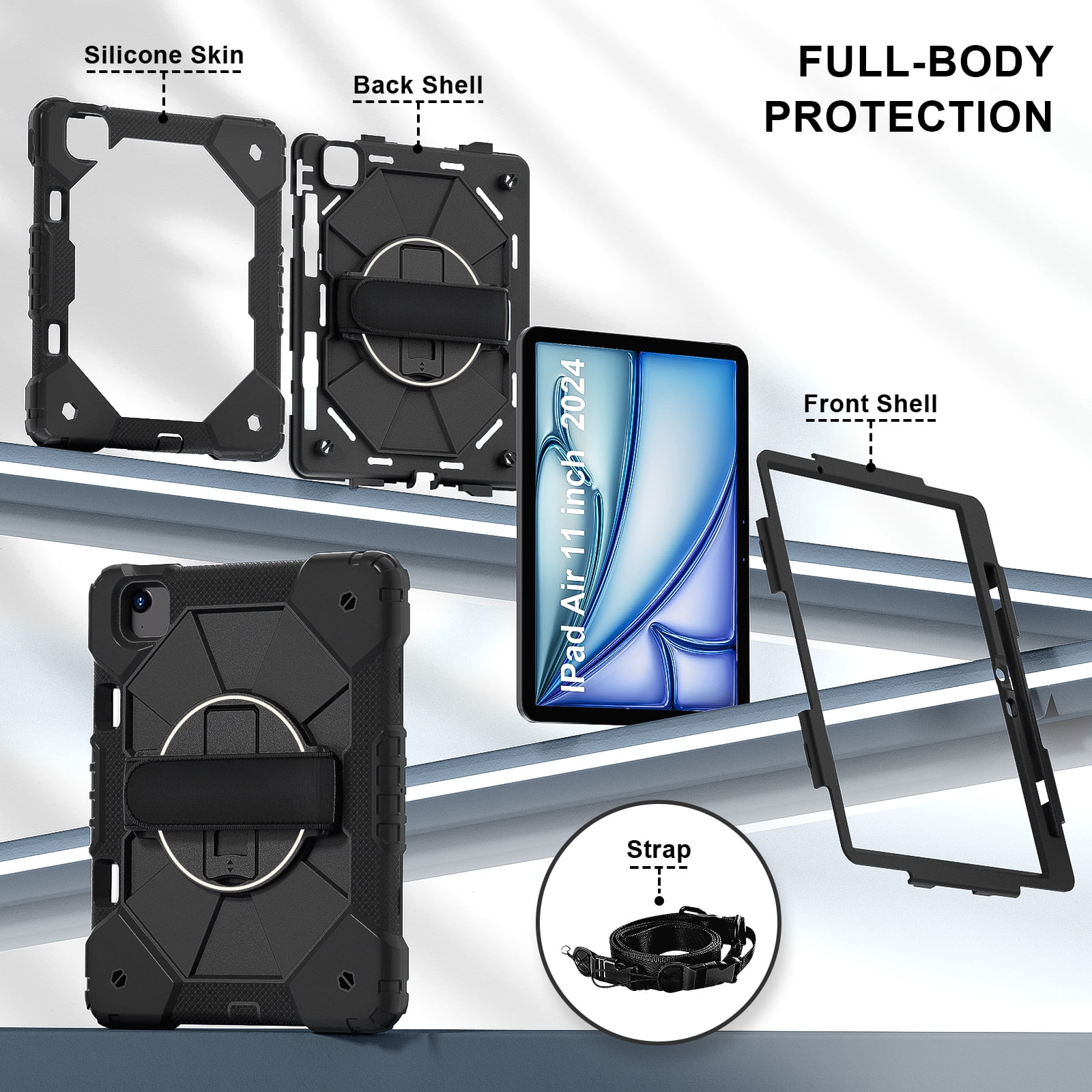 Allytechgroup iPad Air 11 Inch M4 M3 M2 2026 2025 2024 Case Cover with Pencil Holder, Rugged Heavy Duty Protection with Kickstand & Hand Strap Shockproof Kids Friendly Case for Apple iPad Air 11"