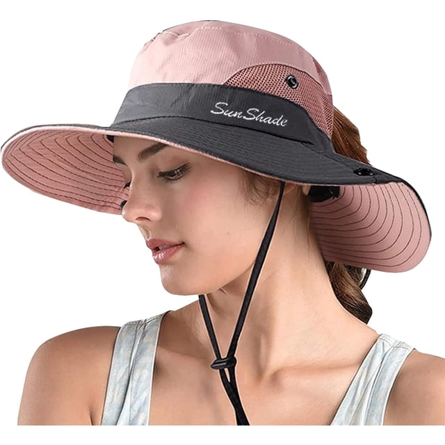 Women's Ponytail Safari Sun Hat,Wide Brim UV Protection Outdoor Bucket Hat,Foldable Beach Summer Fishing Hat