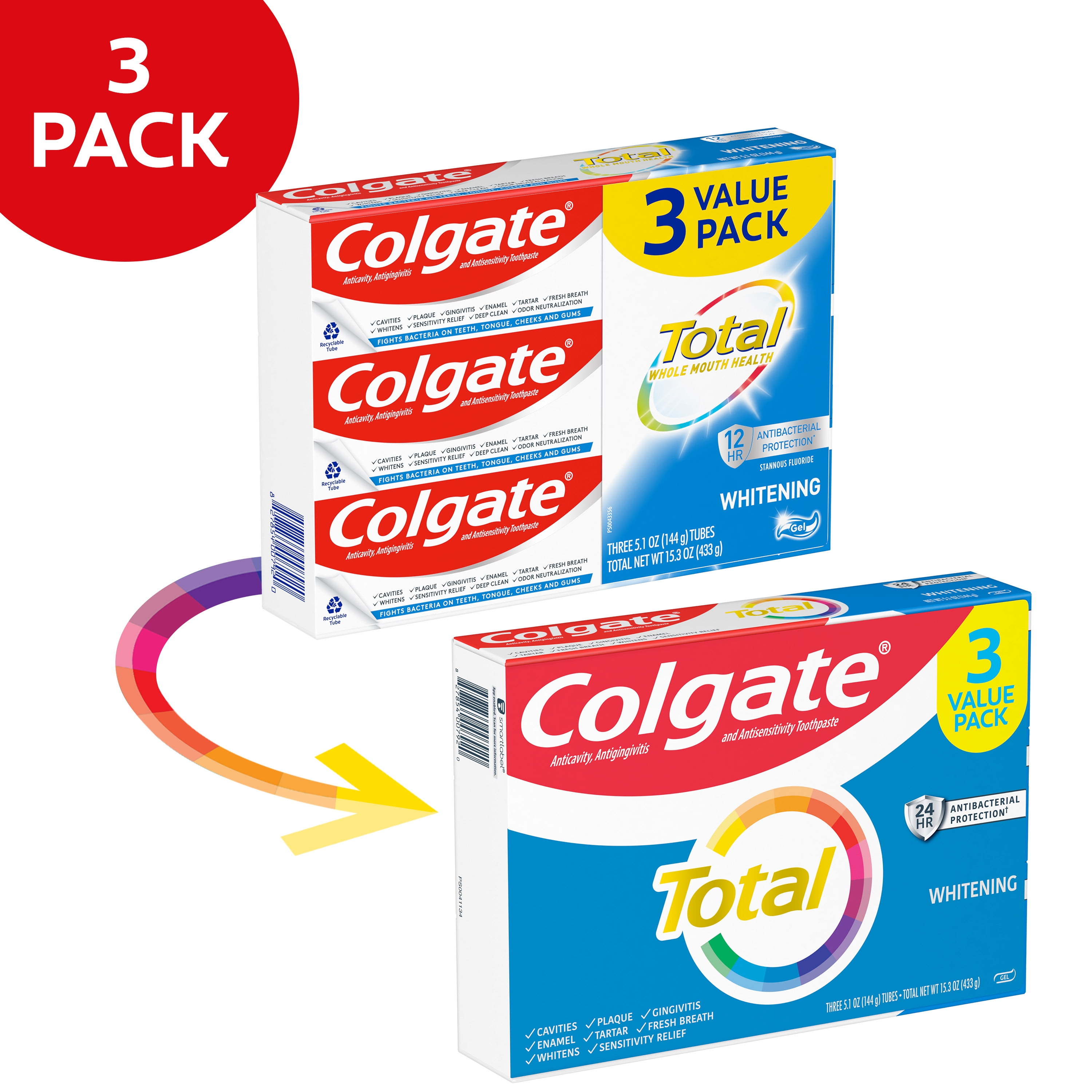 Colgate Total Whitening Toothpaste Gel, Mint, 3 Pack, 5.1 Oz Tubes