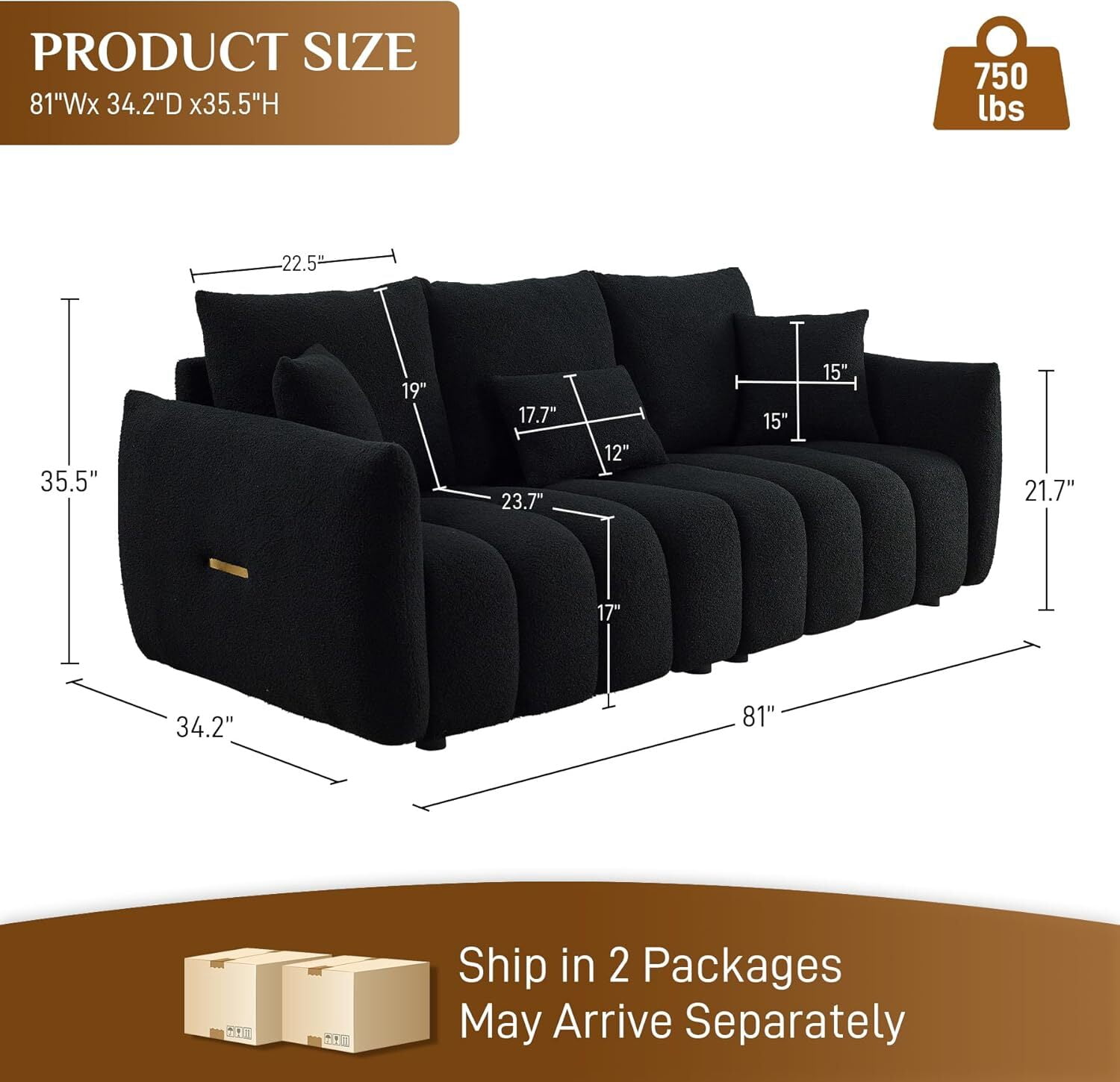 avobird 81" premium Teddy fabric sofa with 3 Pillows, Modern Deep Seat 3 Seater Boucle Sofa, Oversized Loveseat Sofa for Living Room, Black