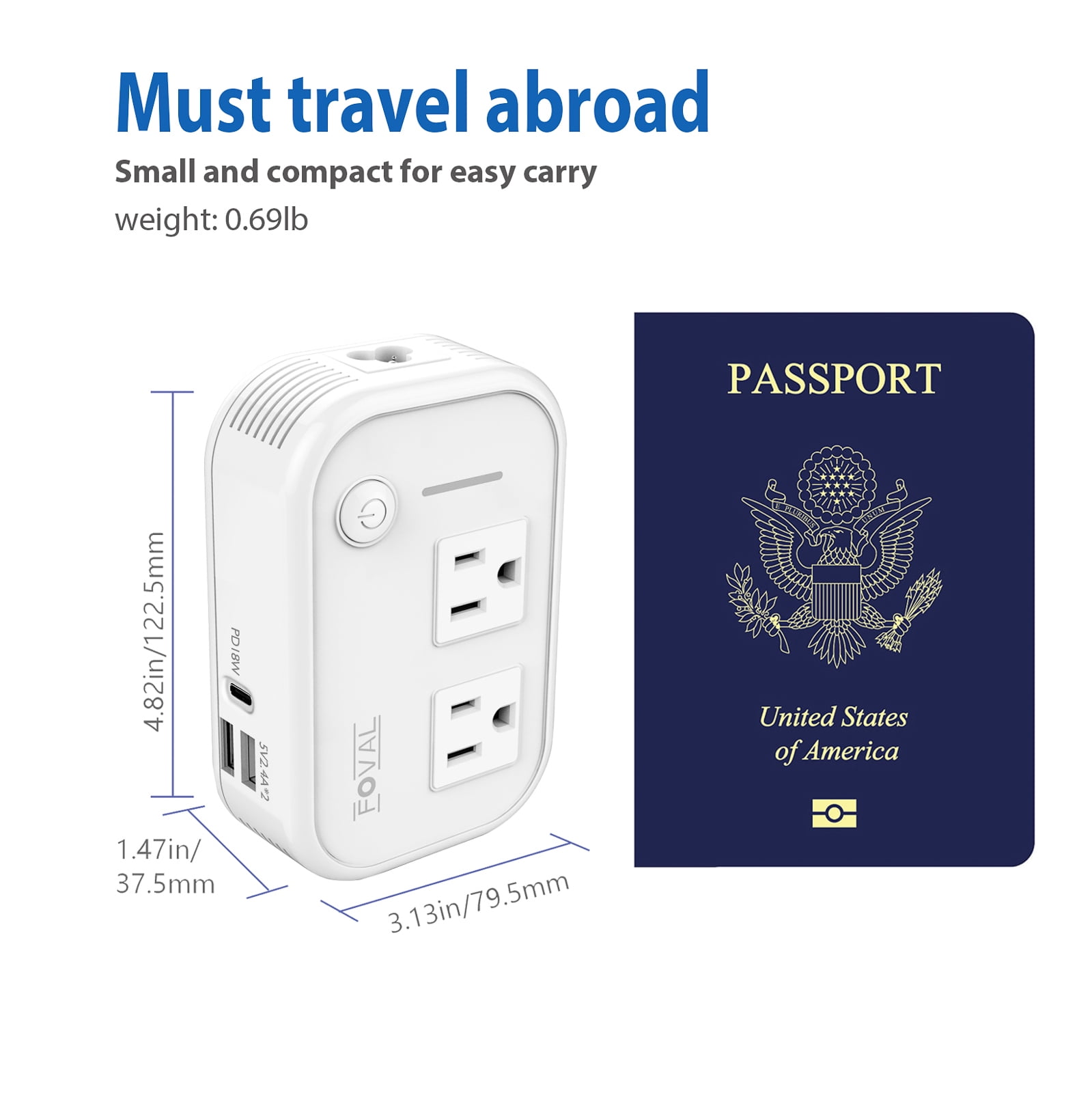 220V to 110V Converter Travel Adapter: FOVAL International Power Converter with [18W PD USB-C] 3 USB Ports 2 AC Outlets Voltage Converter US to Europe UK AU US Italy Worldwide Plug Power Adapter White