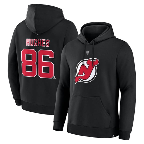 Men's Fanatics Jack Hughes-Black New Jersey Devils Authentic Stack Name & Number Hoodie