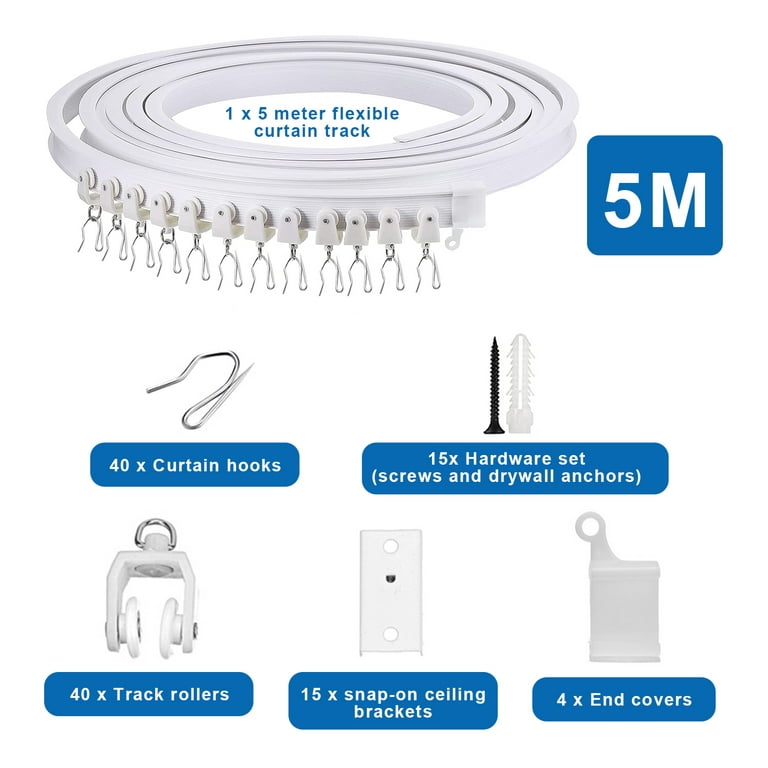 Flexible Bendable Ceiling Curtain Track, White Curved Ceiling Mount Curtain Rail with Hooks & Accessories Set (5M/16.4ft), Size: Length: 5m/16.4ft (