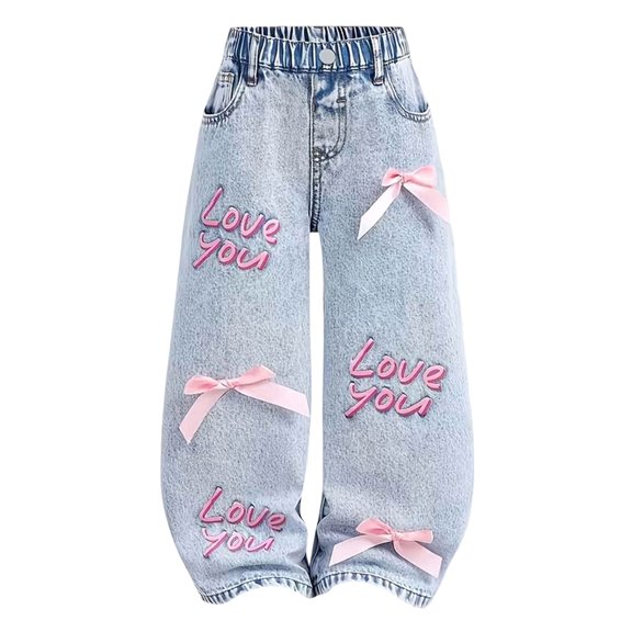 TSHXS Girls Jeans Little Girls Wide Leg Denim Trousers 3D Letter Print with Bow Relaxed Fit Casual Jeans for Autumn Spring(Blue,5-6 Years)