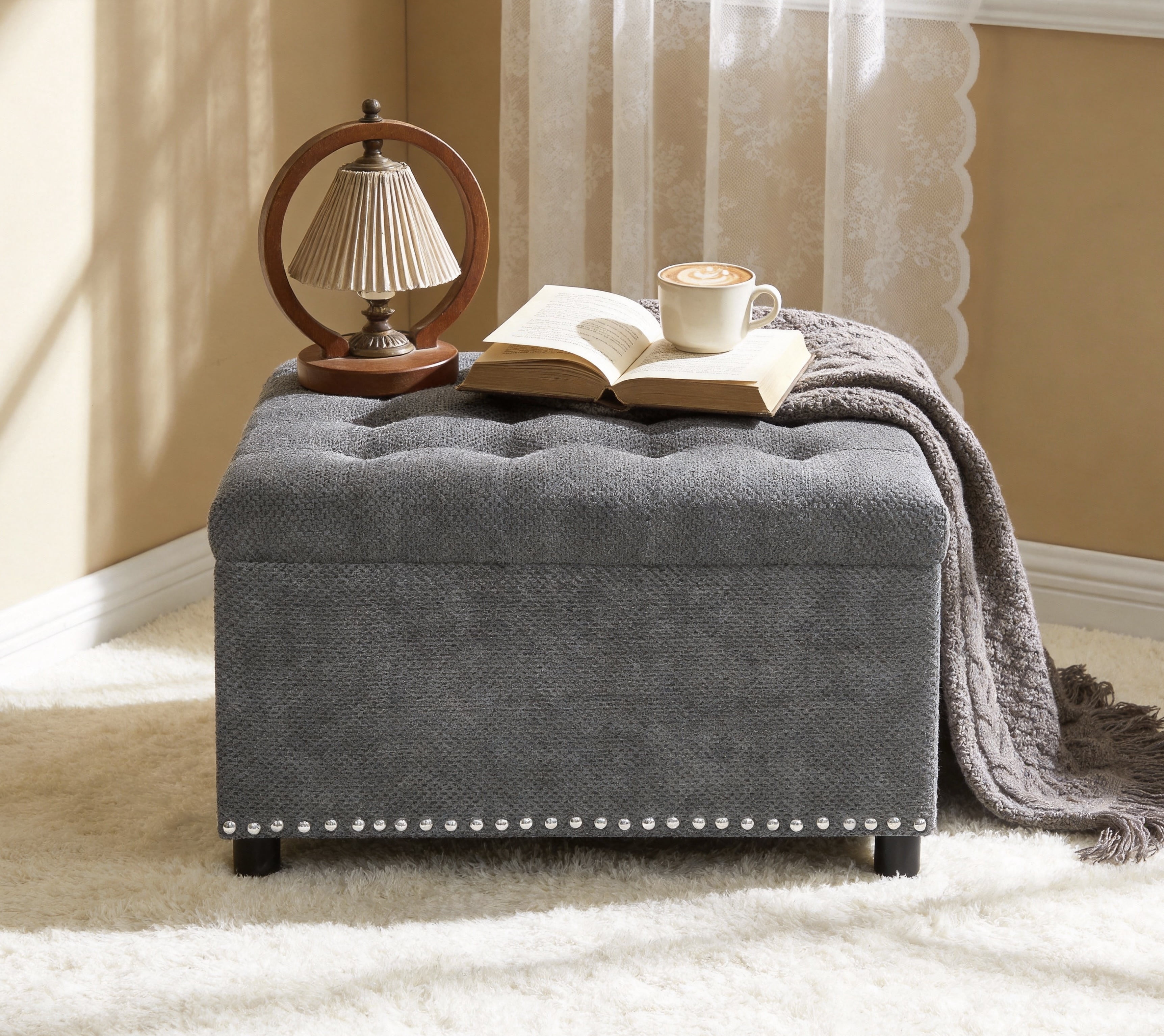 Tufted Storage Ottoman with Nailhead Trim, Square Footstool with Hidden Storage Compartment, Upholstered Coffee Table for Living Room, Bedroom, Light Gray