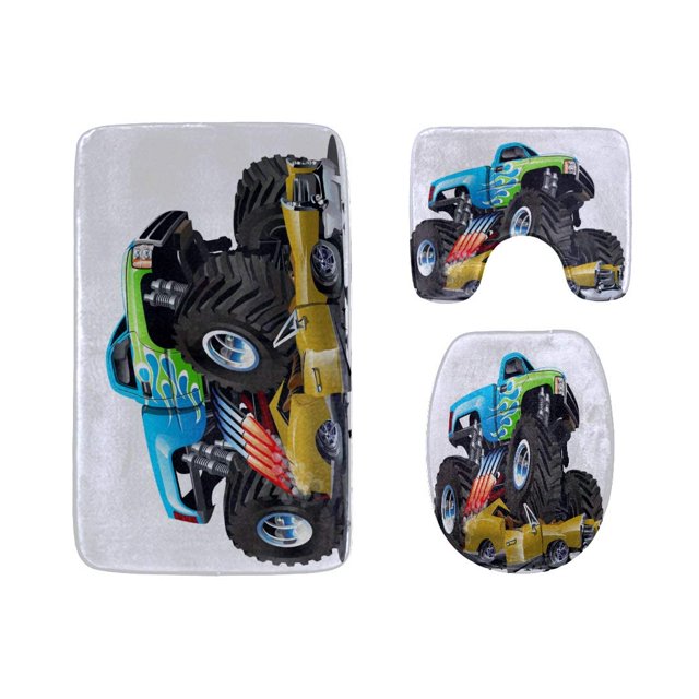 ABPHQTO Camión monstruo de dibujos animados lindo Juego de alfombras de baño de 3 piezas Alfombra de baño Alfombra de contorno y tapa de inodoro ABPHQTO Cont-CHAPPLE-32548