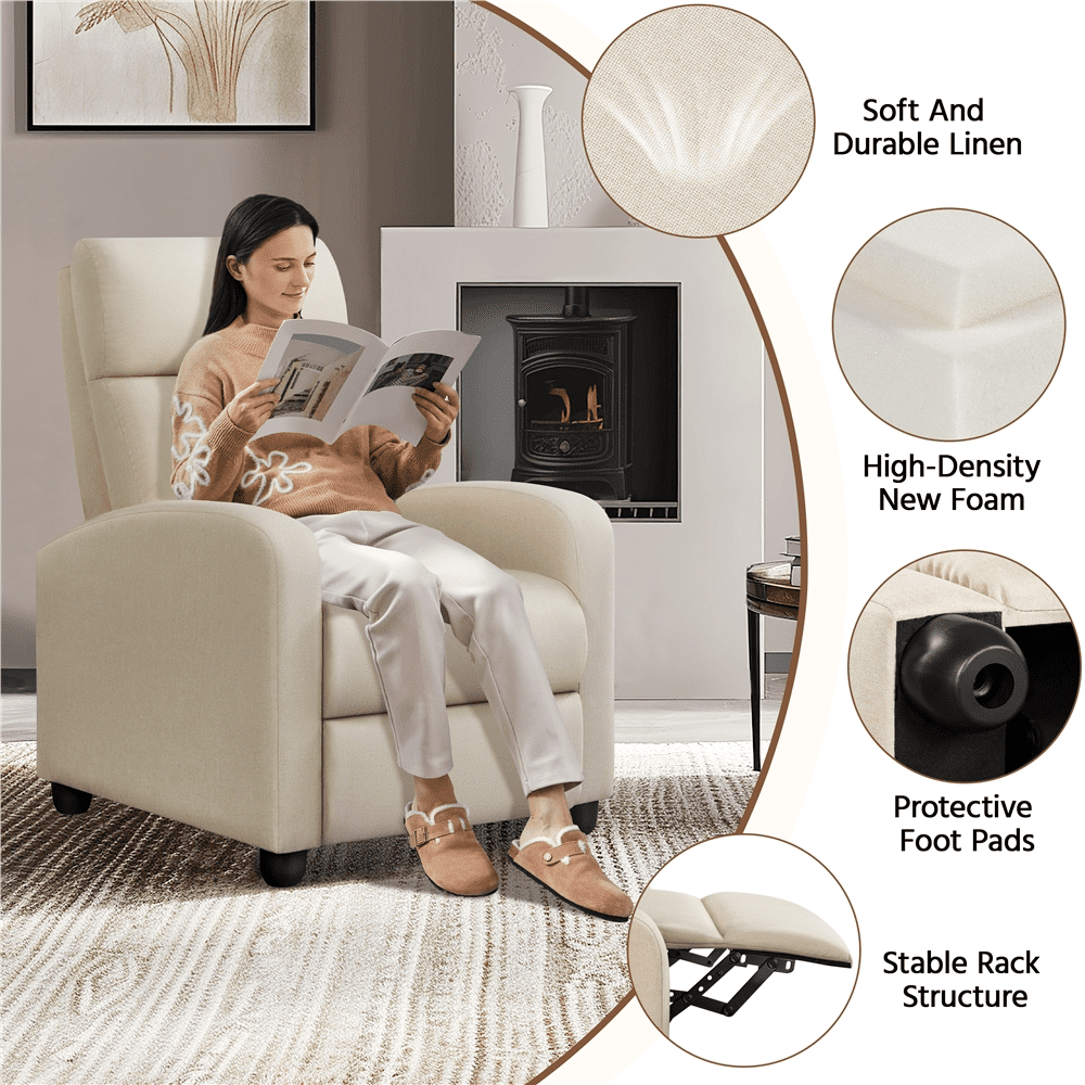 Renwick Fabric Push Back Theater Recliner Chair with Footrest, Beige