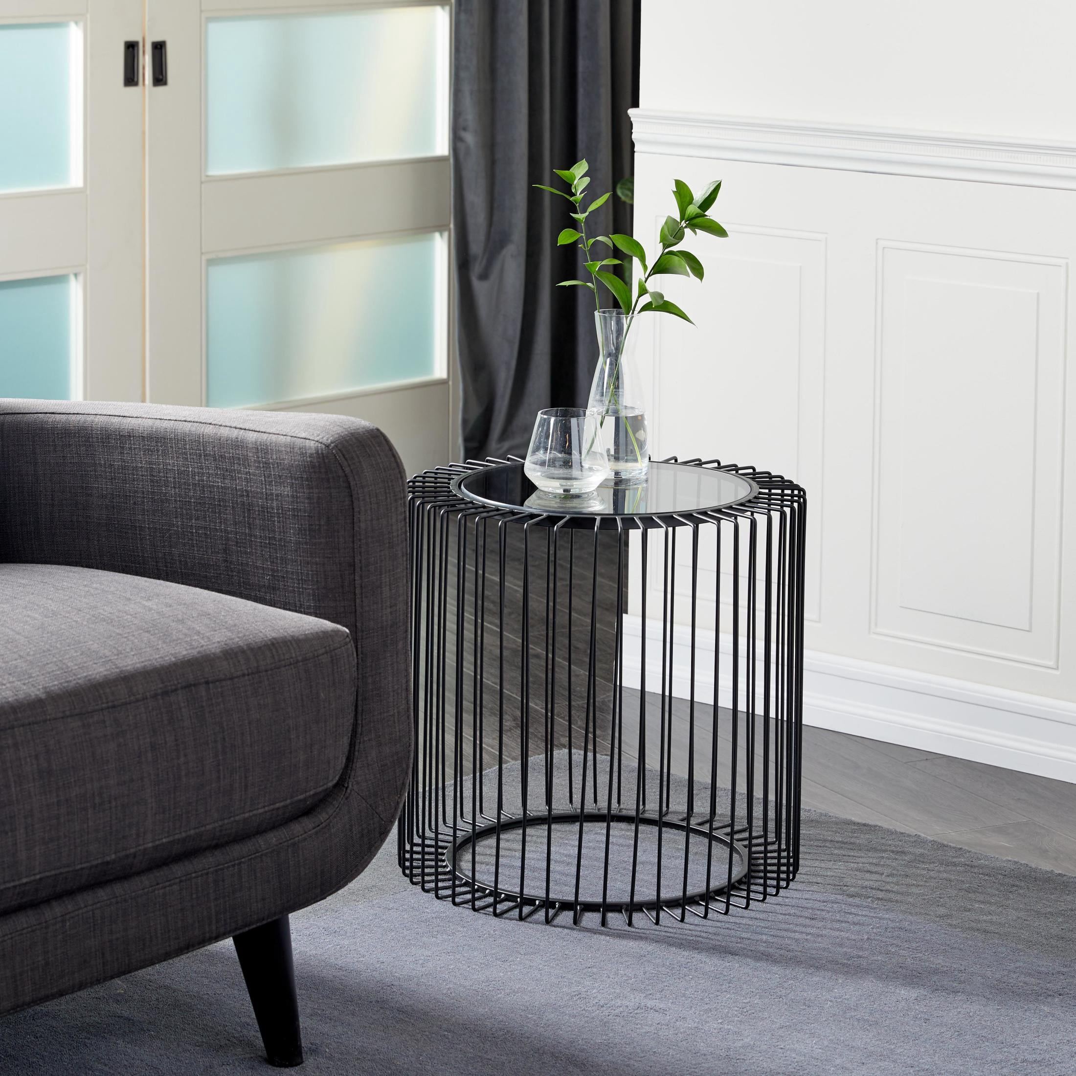 DecMode 20" x 19" Black Metal Open Wire Frame Accent Table with Shaded Glass Top, 1-Piece