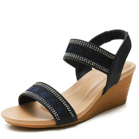 

Wedge Sandals for Womens Peep Toe Bohemia Summer Slingback Sandal Vintage Flower Rhinestone Ankle Strap Roman Shoes