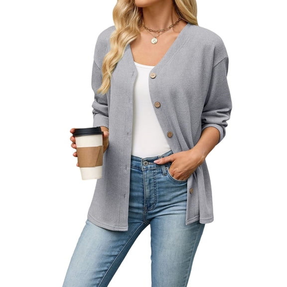 Women'S Solid V Neck Loose Long Sleeve Button Cardigan Coat Gray S