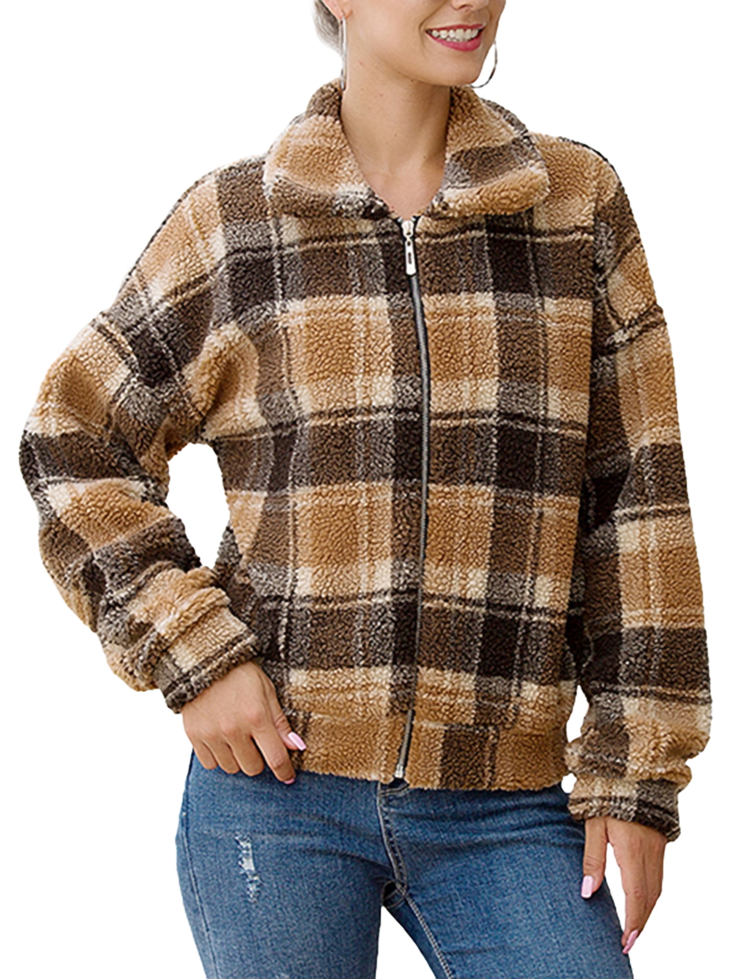 Women Plaid Wool Jacket, Adults Casual 