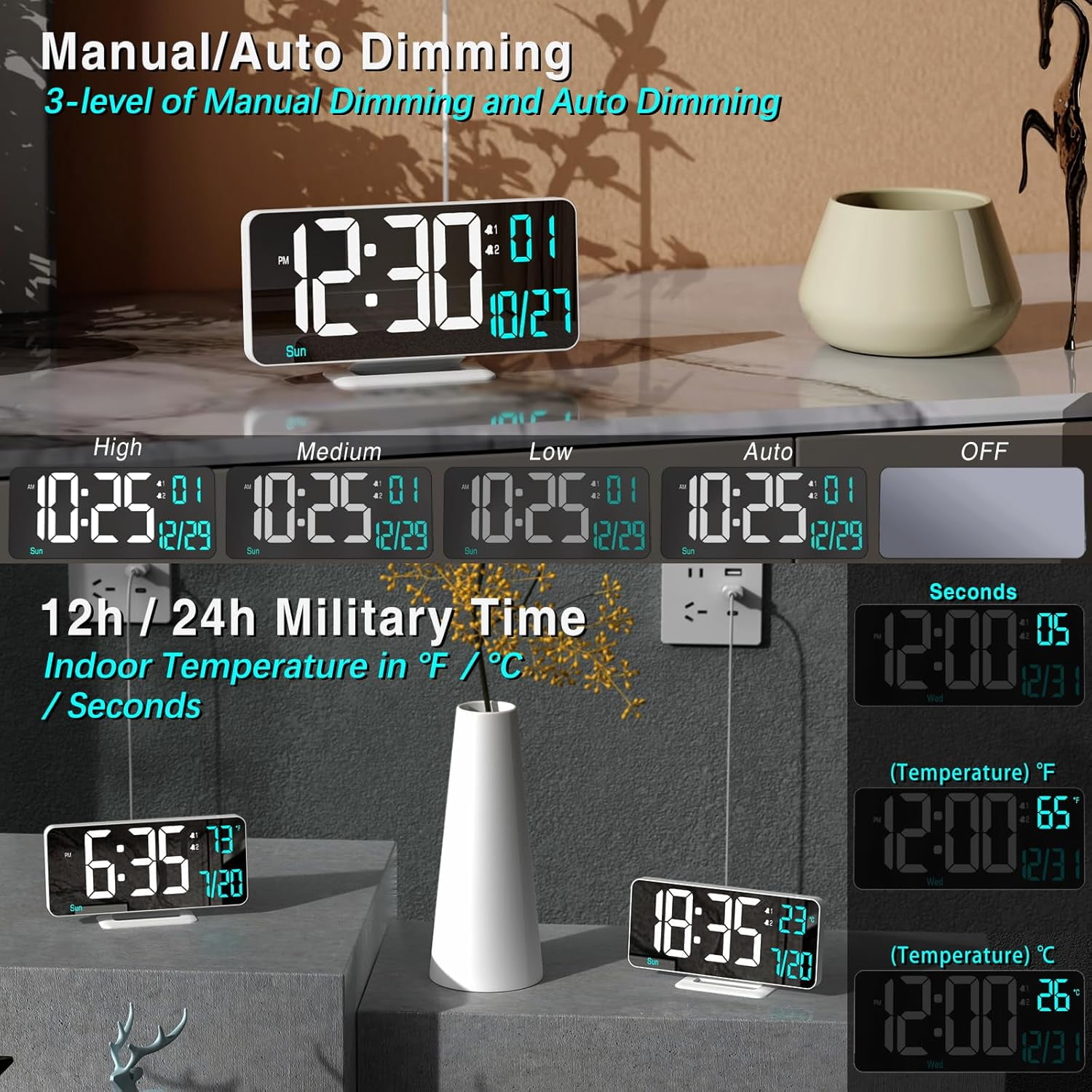 Digital LED Clocks for Bedrooms 6.7in White Alarm Clock, Dimming, 12/24h, Date, Day of Week,Temp,Desk Clock Bedside, Calendar Living Room Essentials