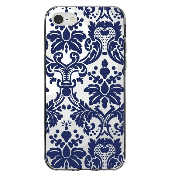 DistinctInk Clear Shockproof Hybrid Case for iPhone 7 8 SE (2020 Model) 4.7" Screen TPU Bumper Acrylic Back Tempered Glass Screen Protector - Blue Grey Damask