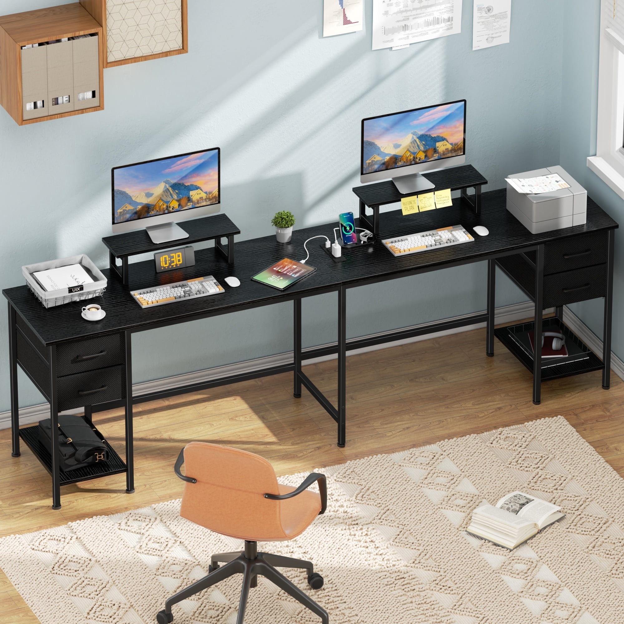 Satifur 66" L-Shaped Desk with Power Outlets, 4 Fabric Drawers & 2 Monitor Stands, Convertible Two Person Home Office Desk,Black